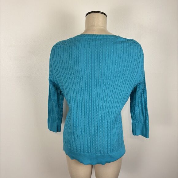 Talbots Cable Knit Cardigan Sweater Womens Large Teal Button Academia Preppy - Picture 4 of 7